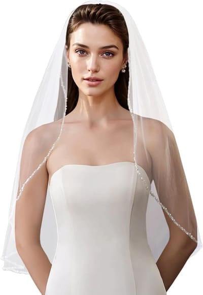 carmdering - Bruidssluier - Elleboogsluier - Sluier met haarkam - 80 cm lang, handgestikte kristallen en parels - Licht en ademend, zachte tulle - Perfect voor zachte, elegante bruiden
