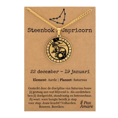 Steenbok / Capricorn Sterrenbeeld Ketting op Cadeau Kaartje - Goudkleurig - RVS - Spiritueel Cadeau - 60cm - Pax Amare