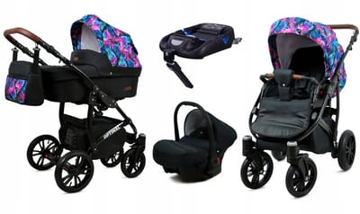 BabyLux® Kinderwagen 4in1 – OPTIMAL - COLORFUL FEATHERS BLACK FRAME - Opklapbare Wandelwagen incl. Reiswieg, Multifunctionele Buggy Sportstoel, Autostoel, ISOFIX basisstation - Combi-kinderwagen met Luiertas, Regenhoes, Klamboe