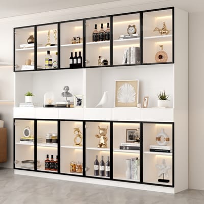 DESMIU Vitrinekast - Met Led Verlichting En Verstelbare Planken - Voor Woonkamer Slaapkamer En Kantoor - Spaanplaat Glas - 30x240x200 Cm Wit