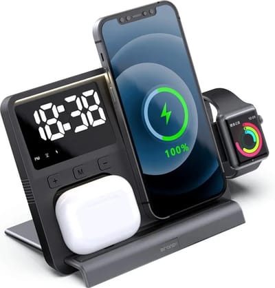 DrPhone FlexiCharge 5-in-1 - Draadloze Oplader - Input 5V3A/9V2A - 15W Max - Led Display / Digitale klok - Batterij Indicator - Geschikt voor alle smartphones met draadloze functie / iOS Smartwatch (serie 1- 8) / Airpods Pro etc- Zwart