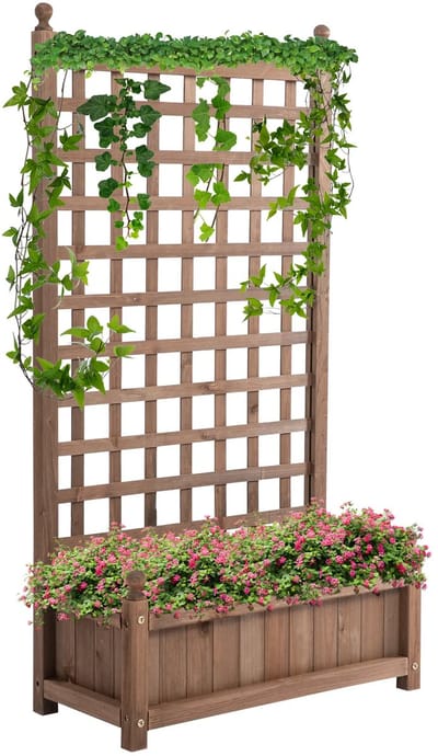 Plantenbak met klimrek - Weerbestendig - Bloembak - Met trellis - Buiten - Hout - Plantenrek - Rechthoekig - Donkerbruin