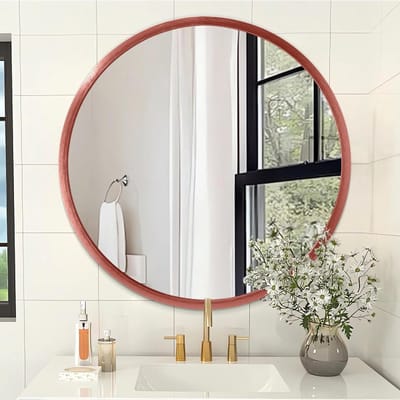 Ronde Wandspiegel voor Badkamer en Slaapkamer - 16 Inch Aluminium en Stalen Frame, Actieve Hangspiegel in Rood, Perfect voor Interieurdecoratie