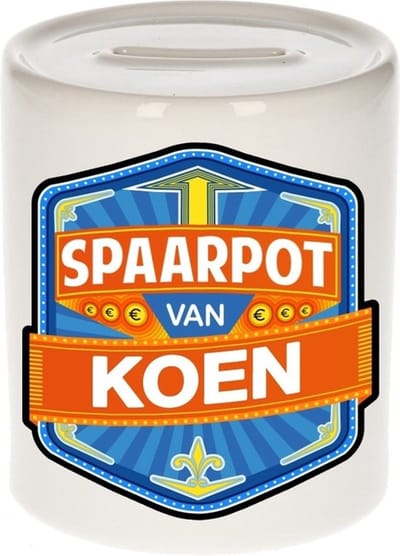 Bellatio Decorations Kinder spaarpot met naam - Koen - keramiek - met dop - wit - Sparen - Spaargeld van Koen
