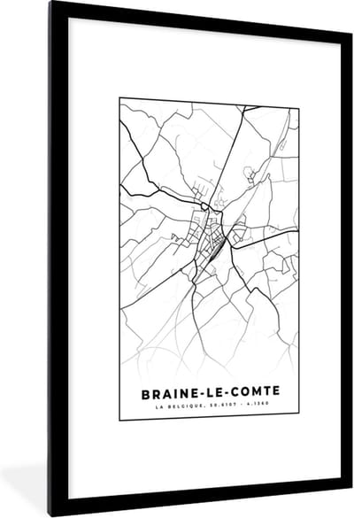 Fotolijst incl. Poster Zwart Wit- Stadskaart – Plattegrond – België – Zwart Wit – Braine le Comte – Kaart - 80x120 cm - Posterlijst
