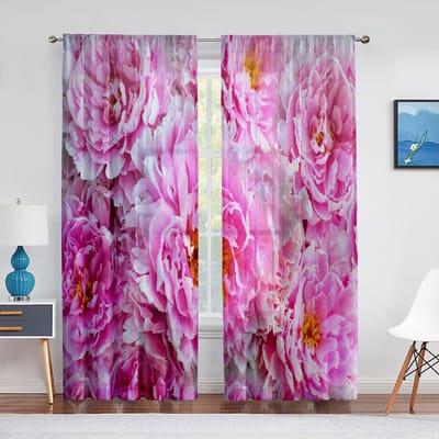 Bouquet de Fleurs de Pivoine Rose Rouge Floral Voilage Tulle Rideaux Porte de Cuisine Sheer Voile Chiffon Rideaux pour Salon Chambre à Coucher 1 PCS W100XH250cm&Grommet Top