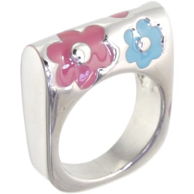 Behave - Ring - Zilverkleurige statement ring met roze en blauwe bloemen – Y2K & retro fashion