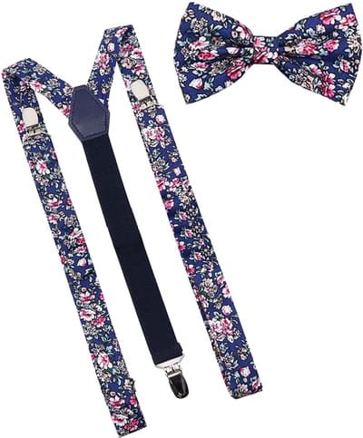Sorprese Bretels inclusief Strik - Gebloemd Blauw/Roze - Bretels Heren Volwassenen - Vlinderdas - Vlinderstrik - Elastisch