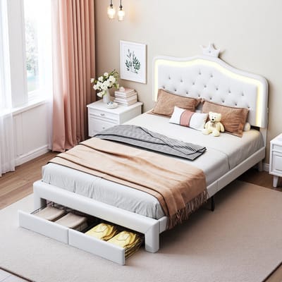 Tweepersoonsbed 140x200 cm – Wit PU Leren Bed met Kroon Hoofdbord, LED-Verlichting en Lattenbodem