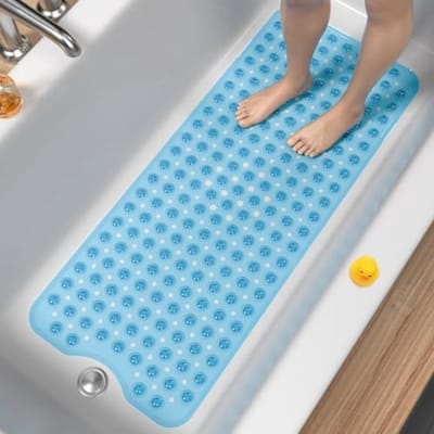 PromoHome Antislip Badmat Extra Groot 100x40 cm - Douchemat met Zuignappen en Afvoergaten - Anti-Schimmel Machinewasbare Badkamer Mat - Zacht PVC Materiaal - Blauw