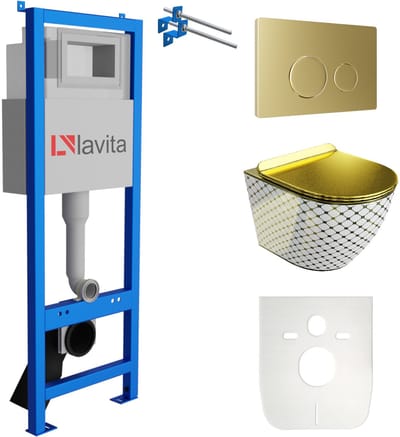 LAVITA® Inbouwreservoir Complete Toiletset LAV 101 - Inbouw WC Hangtoilet Wandcloset SOFI SLIM CHECKED GOLD - Bedieningsplaat 200.4.5 Gouden - Voorwandelement voor toilet 40cm - Installatiesysteem