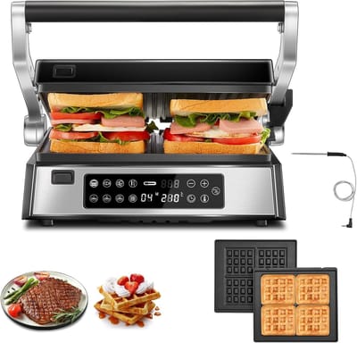 Contactgrill - Sandwichmaker Wafelijzer - Verschillende Gerechten Bereiden - 4 Afneembare Platen - 2200 Watt - Zwart