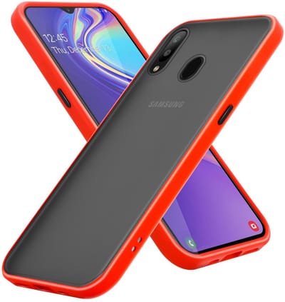 Cadorabo Hoesje geschikt voor Samsung Galaxy M30 / A40s in Mat Rood - Zwarte Knopen - Hybride beschermhoes met TPU siliconen Case Cover binnenkant en matte plastic achterkant