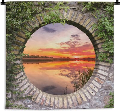 Wandkleed - Wanddoek - Zee - Zonsondergang - Doorkijk - 180x180 cm - Wandtapijt