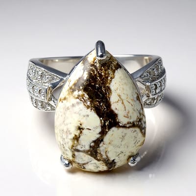 Cavill - Zilveren ring met Magnesiet 8 33 ct en 18 Witte Topazen 925 Sterling Zilver - Statement Ring - Elegante Peervorm Cabochon