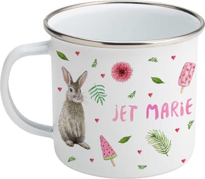 World of Mies emaille mok met naam - Hertje konijn luipaardje zomer - Gepersonaliseerde drinkbeker - kraamcadeau - Dieren in aquarel - Geschilderd door Mies