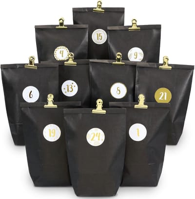 YYchan Luxe Adventskalender met 24 Zwarte Cadeauzakjes - Met Cijferstickers & Metalen Klemmen - Kerst Kalender om Zelf te Vullen voor Knutselen en Cadeautjes