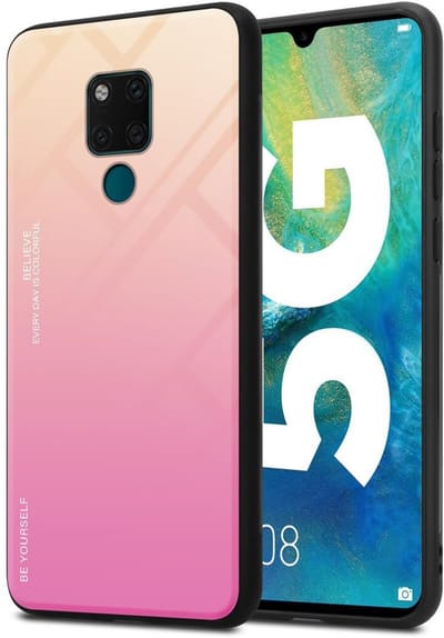 Cadorabo Hoesje geschikt voor Huawei MATE 20 in GEEL - ROZE - Tweekleurige beschermhoes van TPU-silicone Case Cover en achterzijde van gehard glas