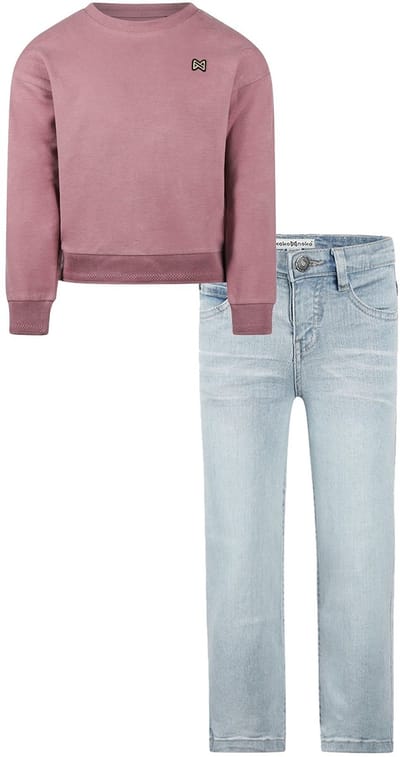 Koko Noko - Kledingset - Basic Collection - Bio Cotton - Blue Jeans Wide leg - Sweater with crewneck dropped shoulder Mauve - Maat 92