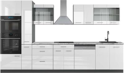 Vicco R-Line Keuken – 350 cm met hoge kast, WB Marmer Wit hoogglans/antraciet