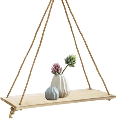 Dailygoods- Zwevende Planken - Houten Wandplank 35 x 4 x 1 cm - Multifunctioneel Rek - Henneptouw 120 cm - Rustiek Design - Crèmewit/Bruin