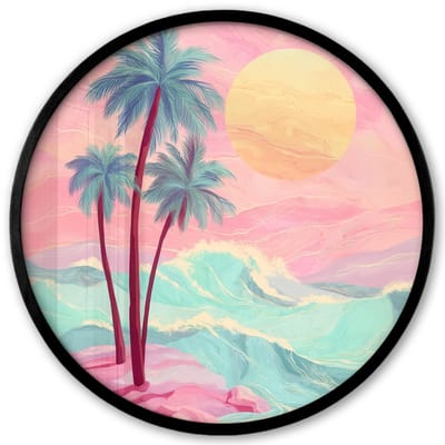 Poster in lijst Rond - Fotolijst 40x40 cm - Posters - Palmbomen - Golven - Zee - Ronde posterlijst zwart - Decoratie - Wanddecoratie woonkamer - Muurdecoratie slaapkamer