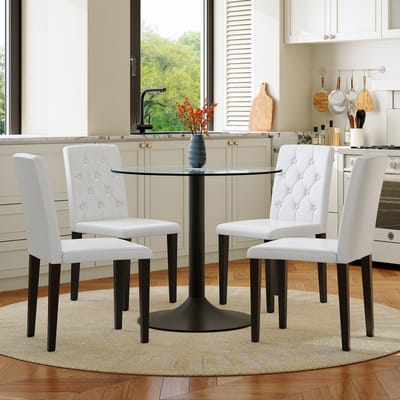 MODENUIT Tafel- en Stoelenset - Ronde Glastafel 85 cm - 4 Stoelen - Voor Eetkamer En Bar - Glas En PU Leer - Wit Zwart