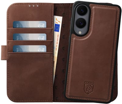 Rosso Elite Hoesje Geschikt voor Samsung Galaxy S25 Edge | Compatibel met MagSafe / Qi2 | Book Case en Back Cover | Magnetisch Uitneembaar | Echt Leer Beschermhoes met Pasjeshouder | Bruin