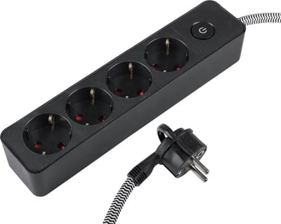 Q-Link stekkerdoos - 4-voudig - plat - randaarde - 3 x 1.5 mmÂ² - 1.5 m - textiel - zwart