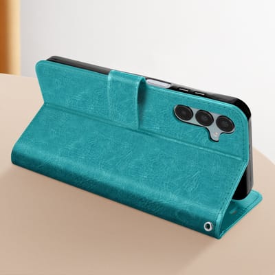 Mayaxess, Foliohoes Geschikt voor Samsung Galaxy A15 5G Bescherming met polsband Multifunctionele flap, Turquoise