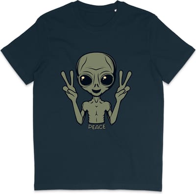 Grappig T Shirt Peace Alien - Heren en Dames - Blauw - XS