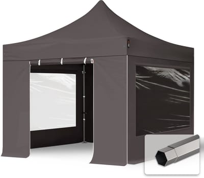 3x3 m Easy Up partytent Vouwpaviljoen, PREMIUM staal 40mm met zijwanden (panorama), donkergrijs