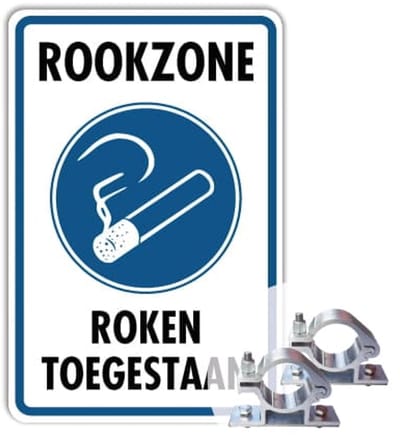 Bord Rookzone - Roken toegestaan - Weerbestendig Aluminium - 40x60 cm - Bevestiging: Met paalbeugels Ø48mm