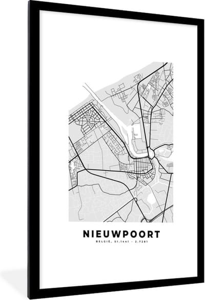 Fotolijst incl. Poster Zwart Wit- België – Nieuwpoort – Stadskaart – Kaart – Zwart Wit – Plattegrond - 60x90 cm - Posterlijst