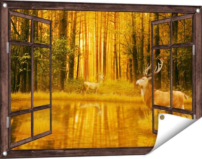 Gards Tuinposter Doorkijk Twee Herten in het Bos bij het Water - 90x60 cm - Tuindoek - Tuindecoratie - Wanddecoratie buiten - Tuinschilderij