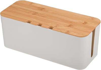 Cablestorage Box met Bamboe Deksel voor het Organiseren van Kabels, 23.5 x 12 x 11.5 cm, Kabelopslag, Kabelbeheer en Kabel Organizer in Wit
