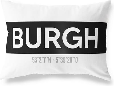 Tuinkussen BURGH - ZEELAND met coördinaten - Buitenkussen - Bootkussen - Weerbestendig - Jouw Plaats - Studio216 - Modern - Zwart-Wit - 50x30cm