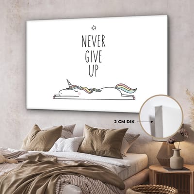 Kinderkamer decoratie - Eenhoorn - Quotes - Never give up - Quotes - Wanddecoratie meisjes - Canvas schilderij kinderen - Canvas doek kids - 150x100 cm