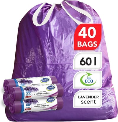 Afvalzakken met trekkoord - Vuilniszakken geurig - Afval hygiënisch sluiten - Recyclebaar materiaal - 60 Liter 40 stuks - Paars