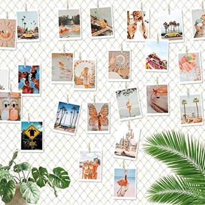PromoHome DIY Fotolijsten Collage Wanddecoratie Set - Visnet Foto Muur met 60 Houten en Hartvormige Klemmen - 120x150cm Beige Fotowand Decoratie voor Woonkamer, Slaapkamer, Kantoor en Feesten