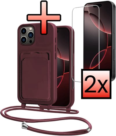 Hoes Geschikt voor iPhone 16 Pro Hoesje Pasjeshouder Cover Met Koord Case Siliconen Hoes Met Telefoonkoord en Kaarthouder Met 2x Screenprotector - Aubergine