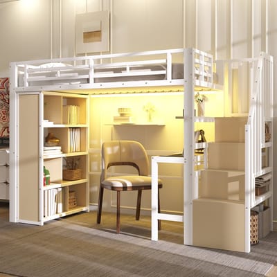 VVBV Hoogslaper 90x200 cm met Trap/Ladder, Planken - Bureau, LED-Verlichting, Opbergruimte - Metaal Wit - Zonder Matras