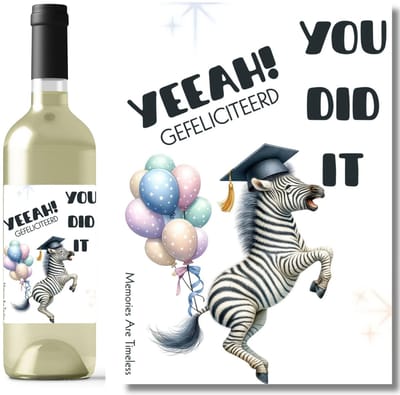 Wijnetiket Geslaagd | Yeeah You did it – Zebra met Ballonnen (10,5 x 14,8 cm)