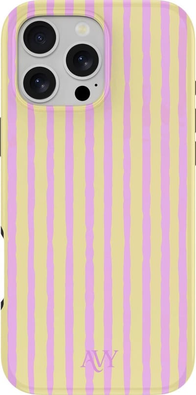 AVY Hoesje geschikt voor Apple iPhone 16 Pro | Pink Lemonade | Strepen | Roze & Geel | Hard Shell Back Cover | Compatibel met MagSafe & Qi2