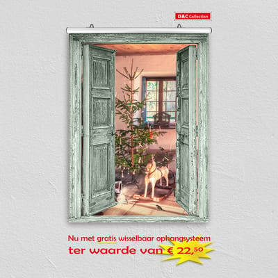 Tuindoek - poster - kerst poster - 60x80 cm - doorkijk - open groene deuren vintage kerst speelgoed kerstboom- winter poster - kerst decoratie- kerstinterieur - kerst wanddecoratie
