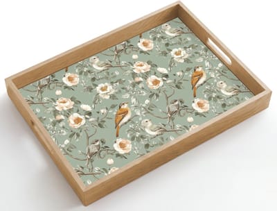 Dienblad hout 50x35 cm - Schootdienblad - Roze - Vogels - Kleurrijk - Borrelplank rechthoek - Plateau dienbladen