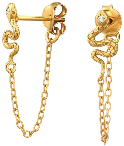 Joy|S - Zilveren slang oorbellen - met kettinkje - zirkonia - gold plated