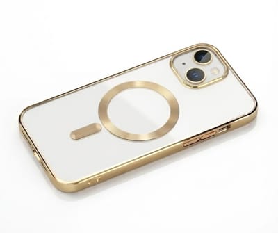 Transparant goudkleurig telefoon hoesje met metallic randen – geschikt voor iPhone 14 Plus MagSafe – luxe backcover met MagSafe ring en camera bescherming