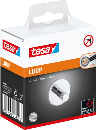 tesa LUUP haak, verchroomd – badkamerhaak zonder boren, incl. lijmoplossing – 33 x 33 x 30 mm