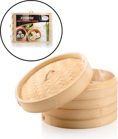 3 Delig Stoommandje met deksel - Ø20.5 Cm - Bamboe - Rijst Stoommanden - Stomer Steamer Cooker - Dim Sum Stoomschaal